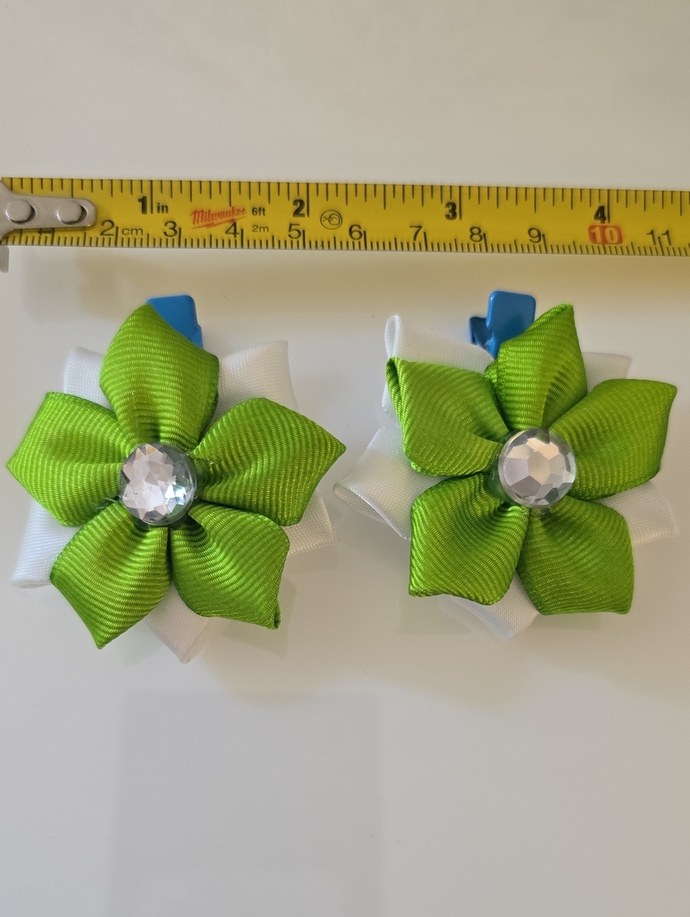 Handmade, Girls Bright Green Ribbon Flower Hair Clips with Gem Center